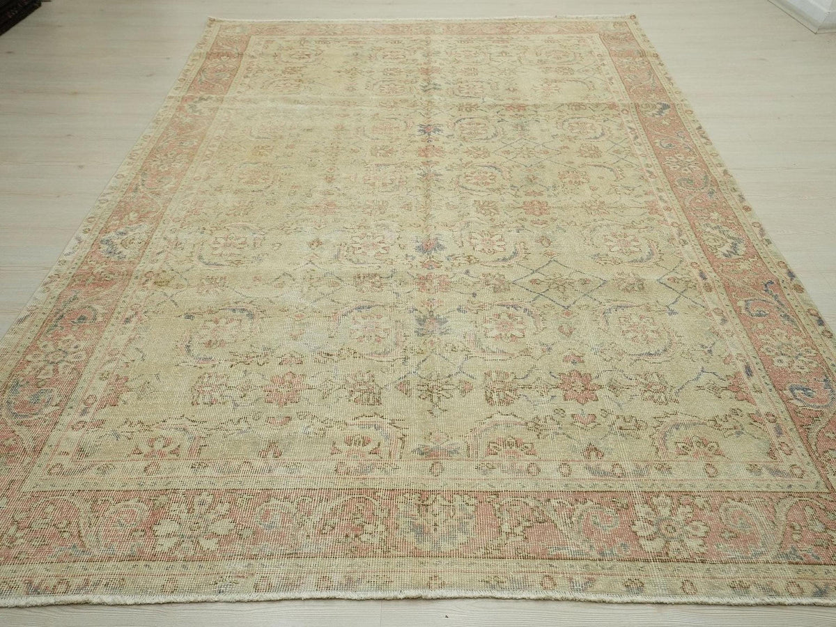 Vintage Wool Oushak Rug: Light Green Bohemian Decor Oriental Turkish Rugs, 6,4x10 Feet.