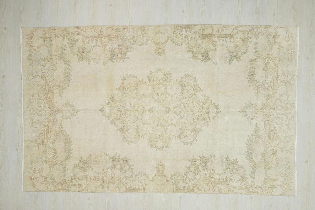 6x10 Beige Oushak Rug: Mid-Century Modern Turkish Wool Carpet