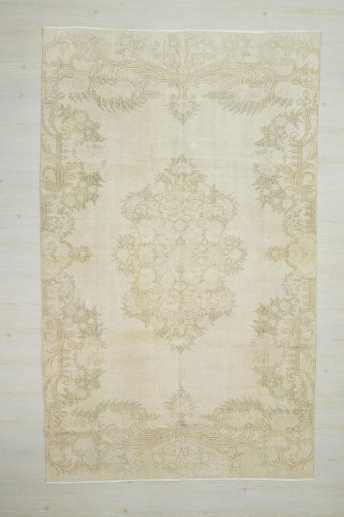 6x10 Beige Oushak Rug: Mid-Century Modern Turkish Wool Carpet