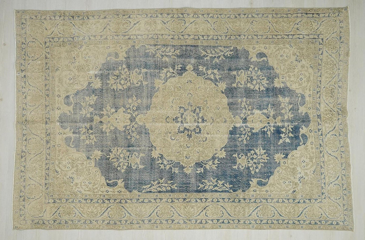 Mid Century Oushak Rug: Large Navy Blue Turkish Wool Carpet (6,9"x10,3" Feet)