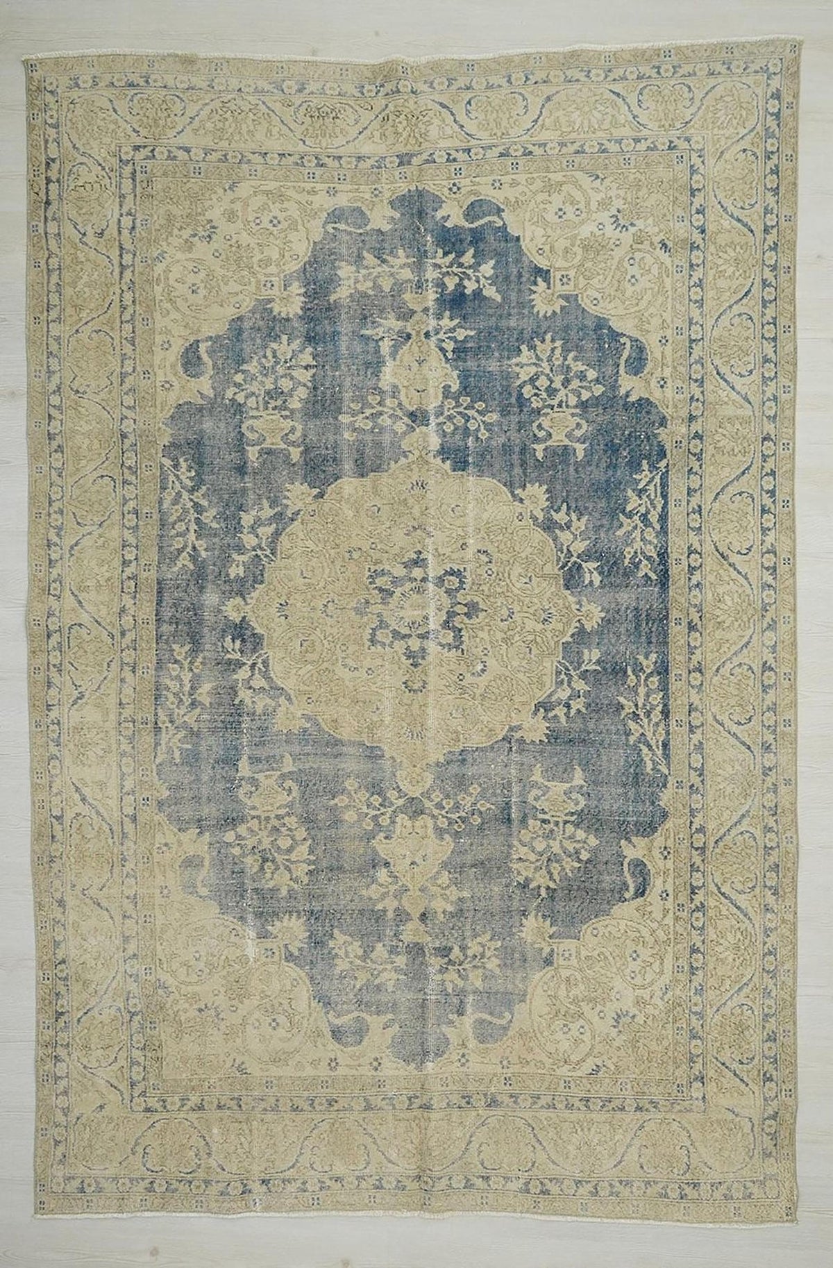 Mid Century Oushak Rug: Large Navy Blue Turkish Wool Carpet (6,9"x10,3" Feet)