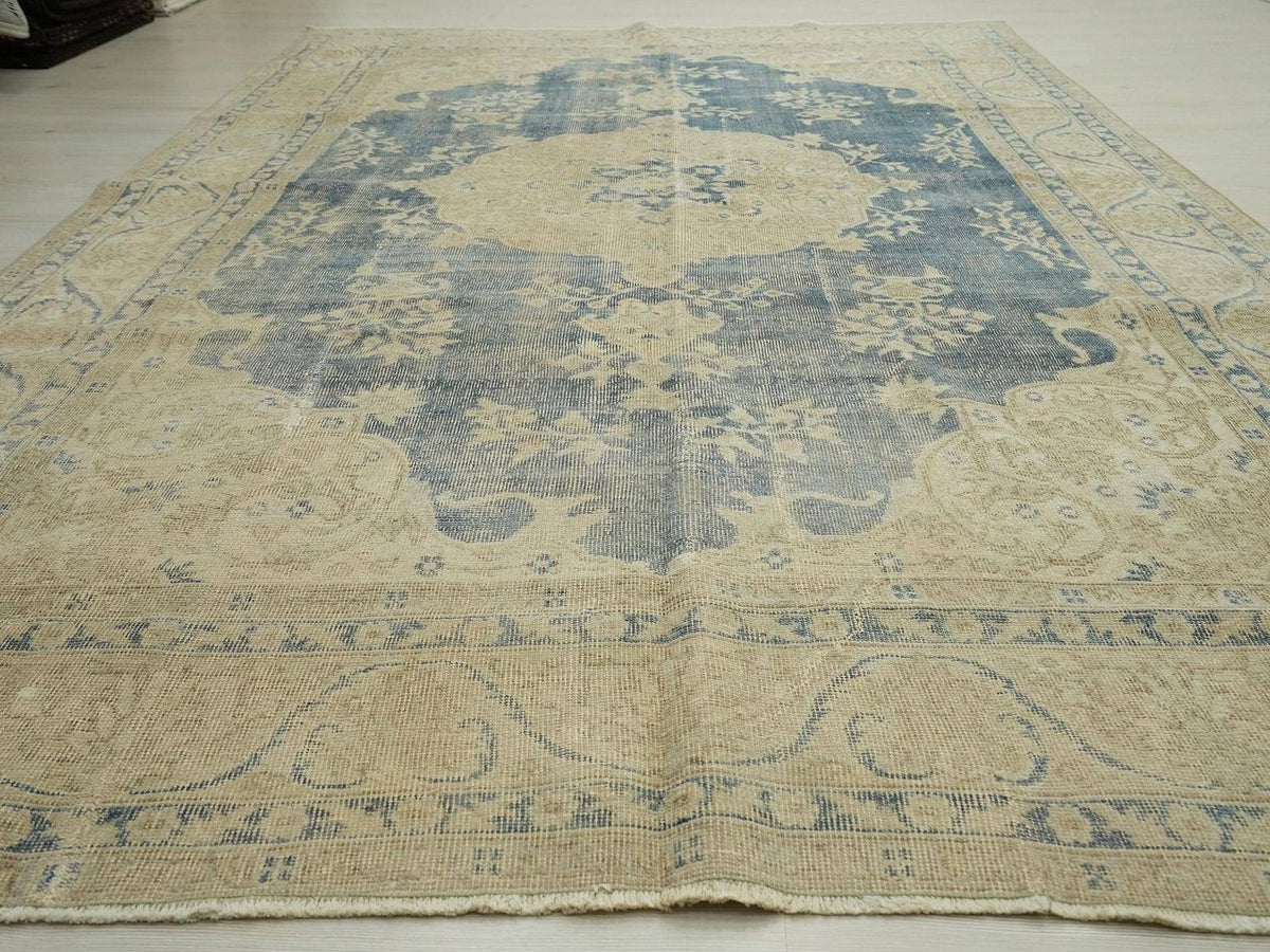 Mid Century Oushak Rug: Large Navy Blue Turkish Wool Carpet (6,9"x10,3" Feet)