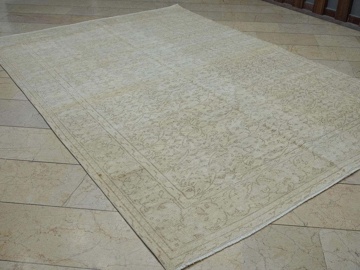 Vintage Oushak Rug: Muted Brown Beige Turkish Carpet (6.5x9.5 ft, 200x290 cm)