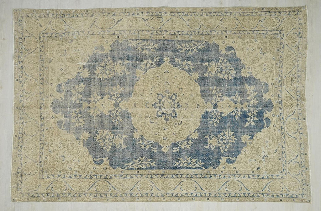 Handmade Navy Blue Turkish Oushak Rug: Bohemian Wool Carpet 6.9x10.3 ft.