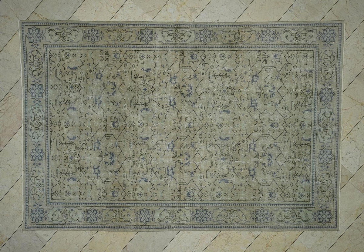 Geometric Floral Handmade Oushak Rug,6.7x10 Feet,Faded Vintage Turkish Carpet Rugs.
