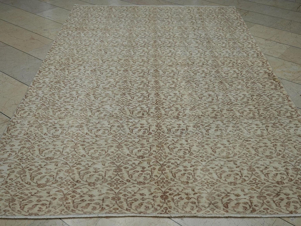 Vintage Oushak Turkish Rug: Beige Brown Floral Handmade Wool Carpet Rugs, 5.8x9.3 ft.