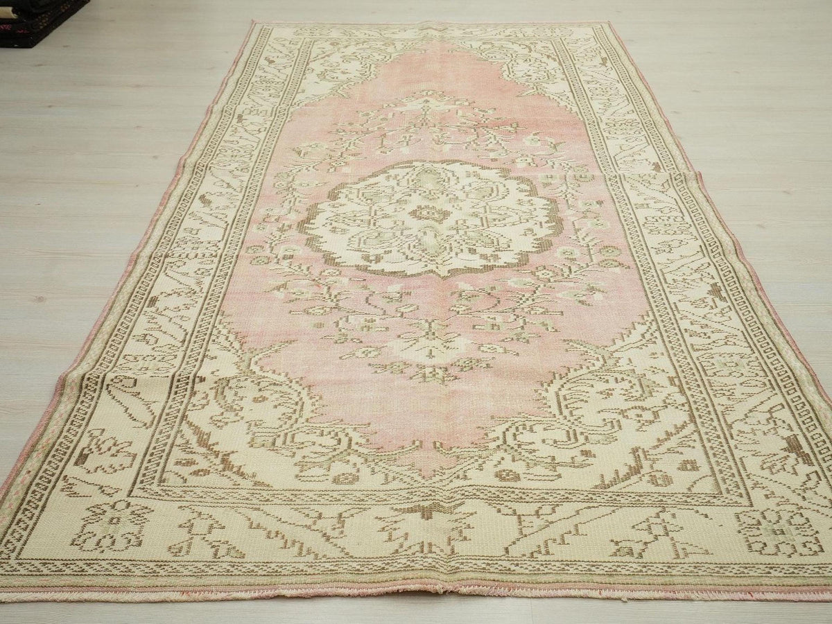 Vintage Pastel Colors Oushak Rug: 5.1"x9.8' Ft, Wool Turkish Floral  Rugs.