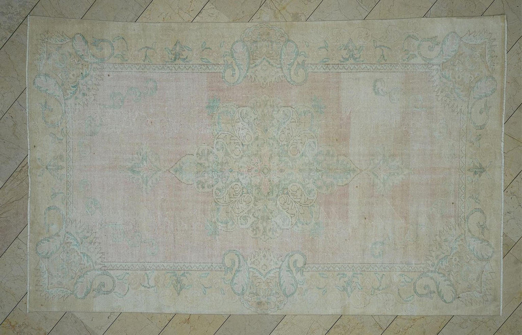 Faded Oushak Rug: Pink & Blue Vintage Turkish Floral Carpet Rugs, 6.7x11 ft
