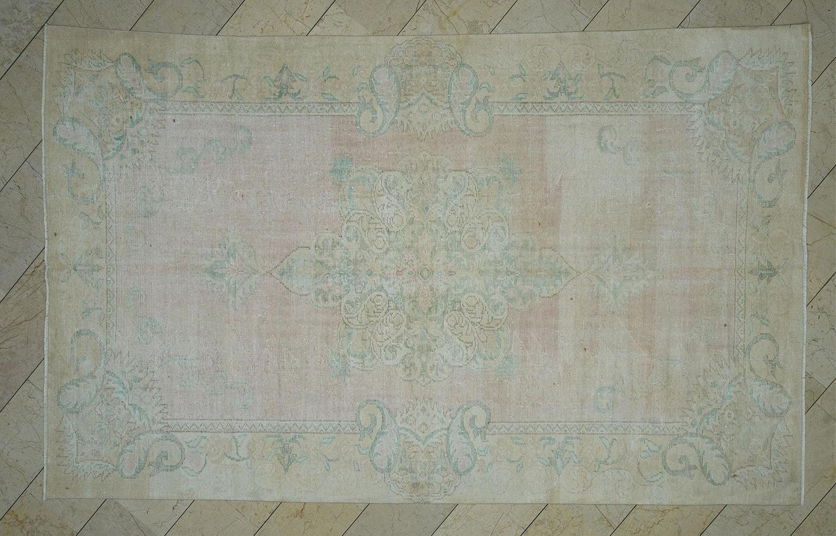 Faded Oushak Rug: Pink & Blue Vintage Turkish Floral Carpet Rugs, 6.7x11 ft