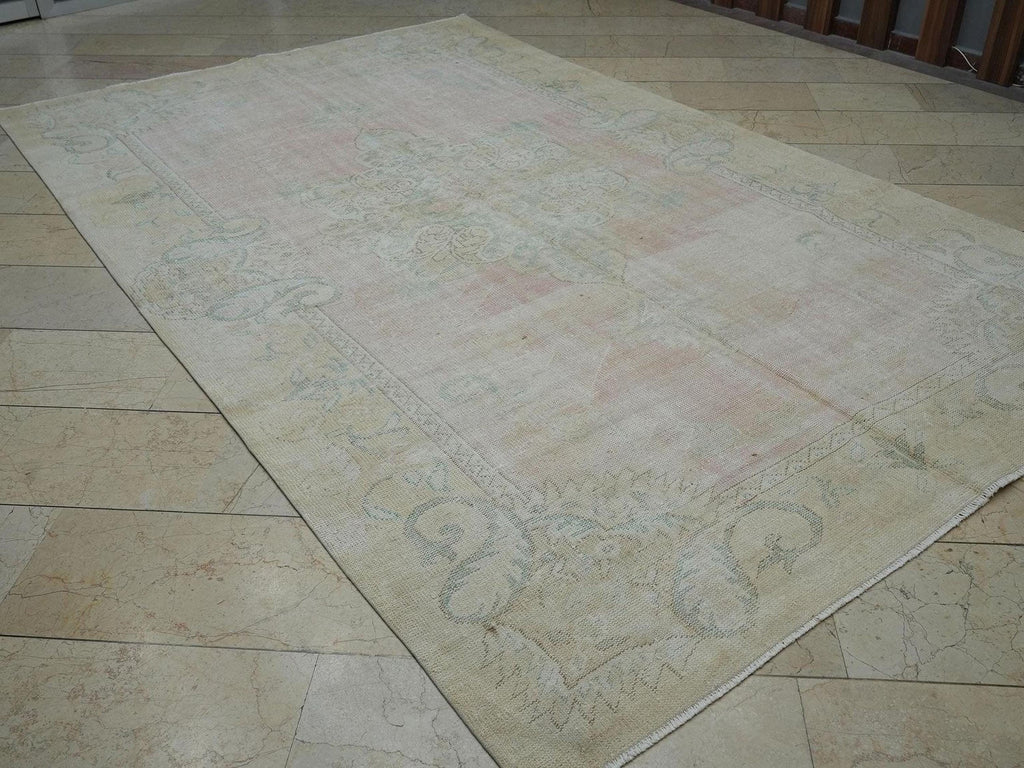 Faded Oushak Rug: Pink & Blue Vintage Turkish Floral Carpet Rugs, 6.7x11 ft
