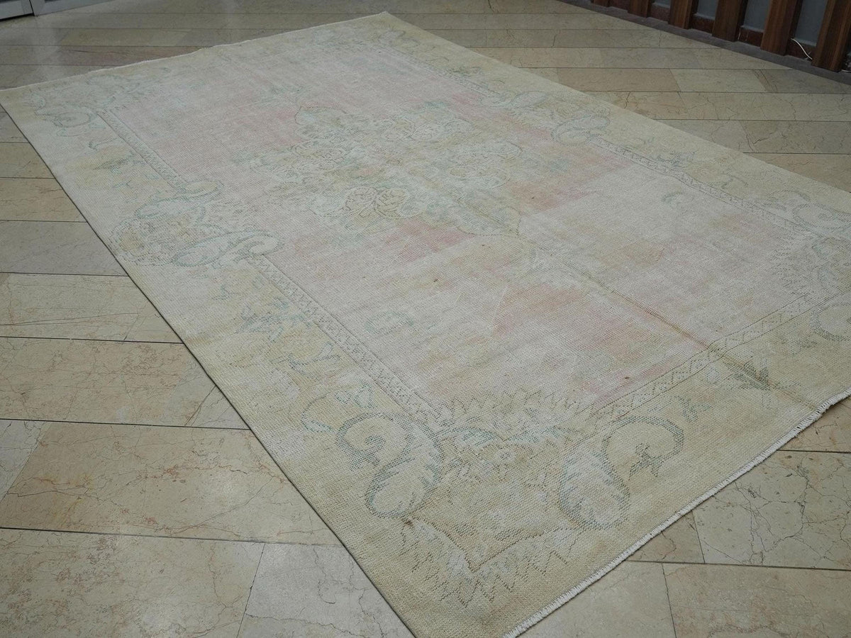 Faded Oushak Rug: Pink & Blue Vintage Turkish Floral Carpet Rugs, 6.7x11 ft