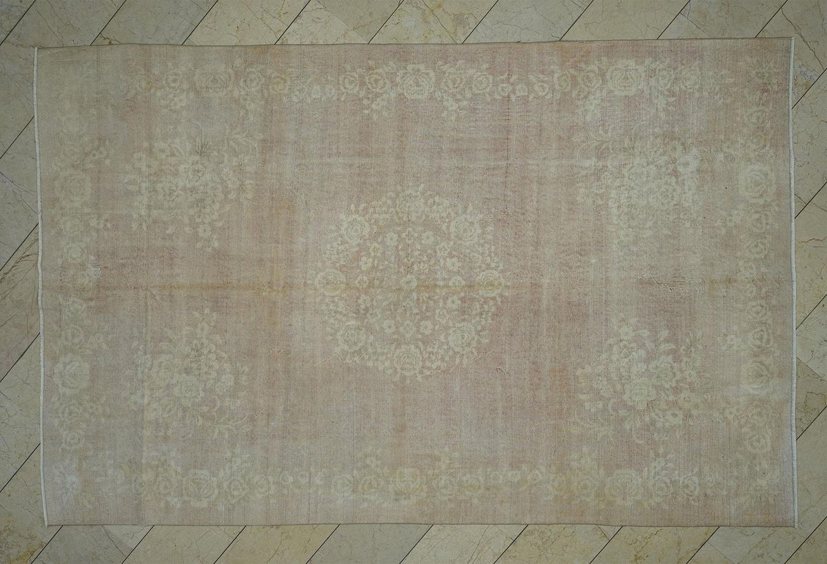 Handmade Vintage Oushak Wool Rug: Seasonal Decor Muted Red & Beige Rugs. 6.7x10.4 ft.