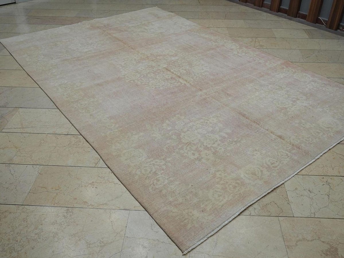 Handmade Vintage Oushak Wool Rug: Seasonal Decor Muted Red & Beige Rugs. 6.7x10.4 ft.