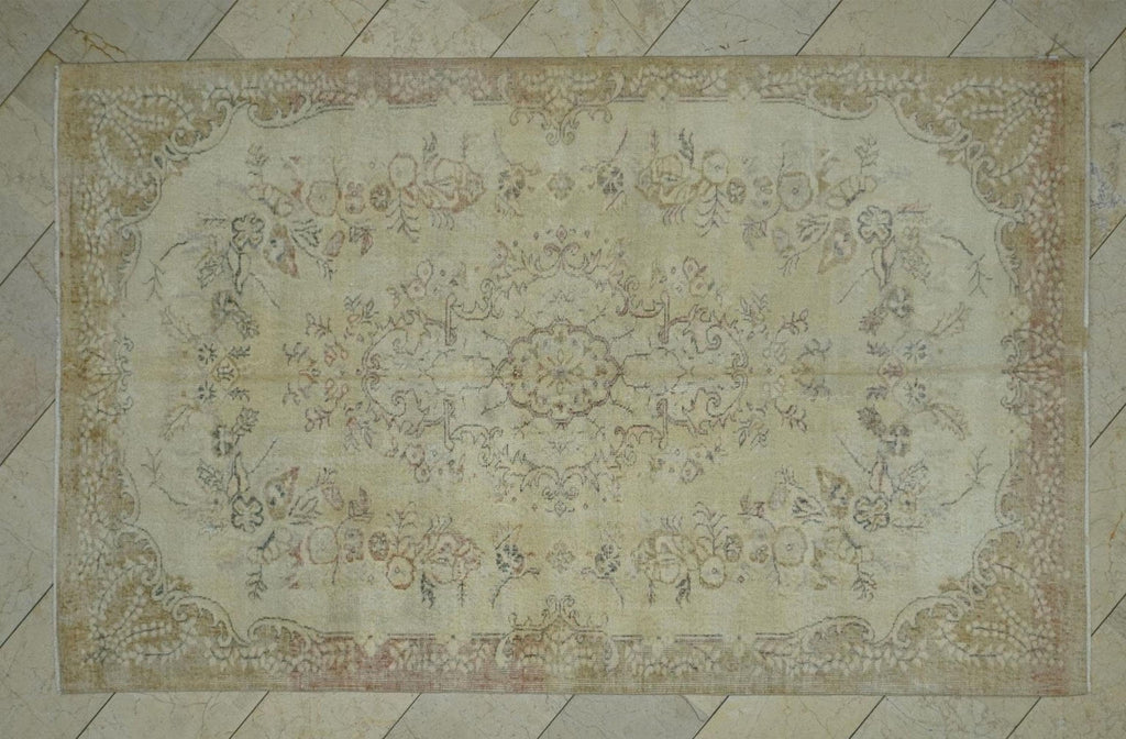 Vintage Turkish Oushak Rug: 5.4x8.6 ft Mid-Century Wool Carpet
