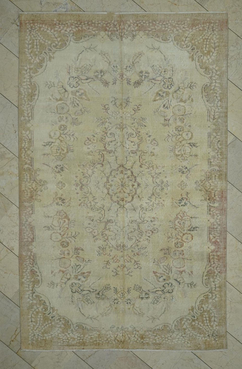 Vintage Turkish Oushak Rug: 5.4x8.6 ft Mid-Century Wool Carpet