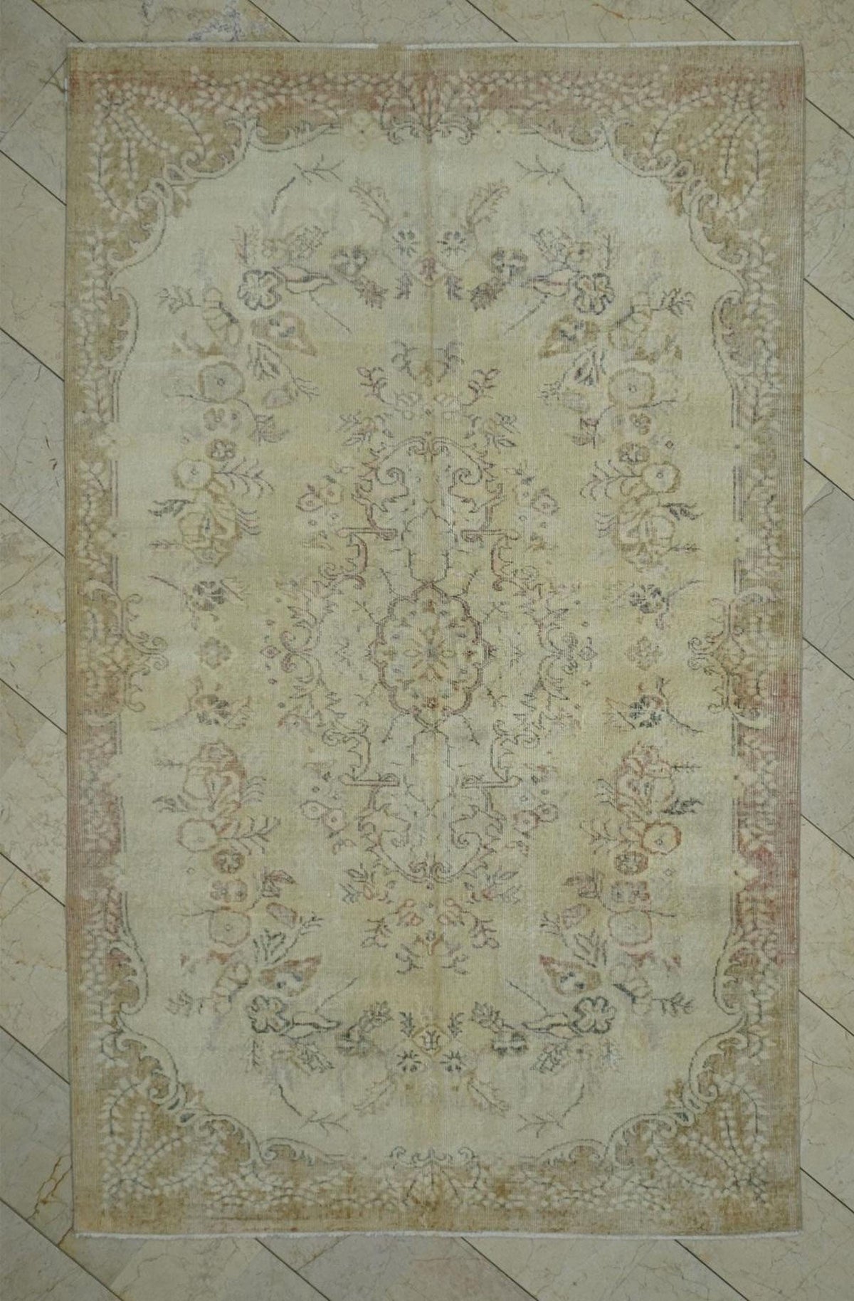 Vintage Turkish Oushak Rug: 5.4x8.6 ft Mid-Century Wool Carpet