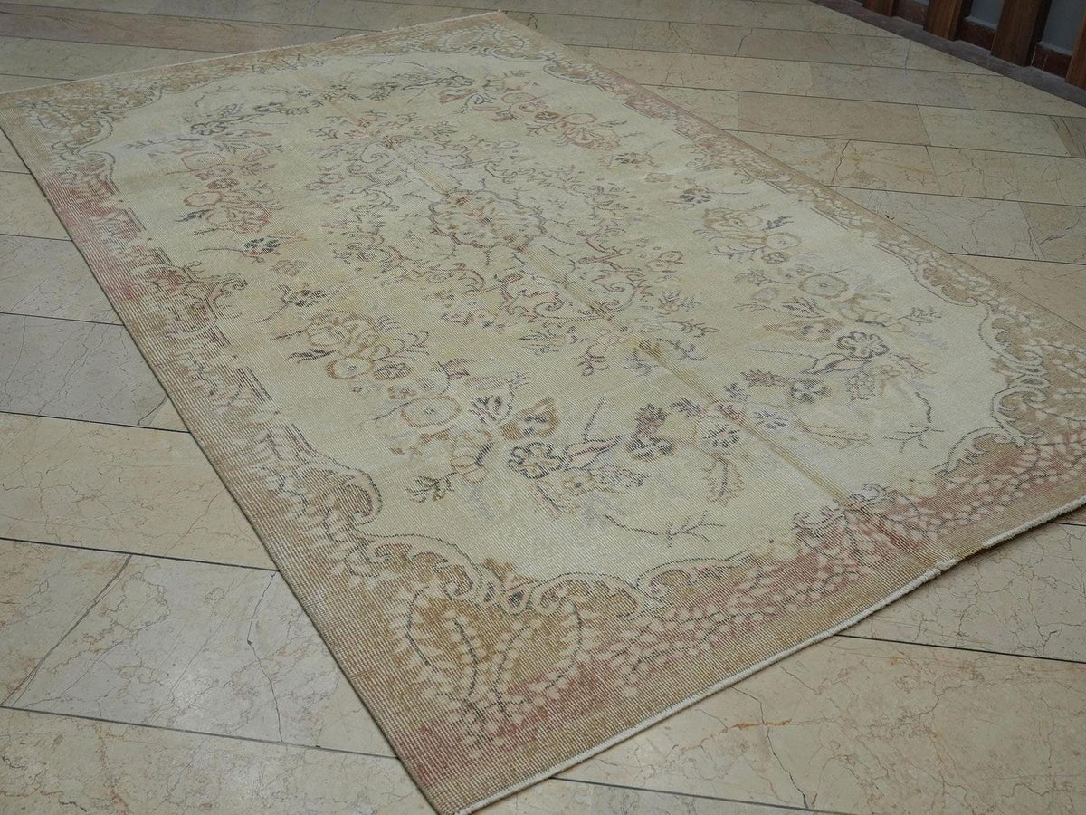 Vintage Turkish Oushak Rug: 5.4x8.6 ft Mid-Century Wool Carpet