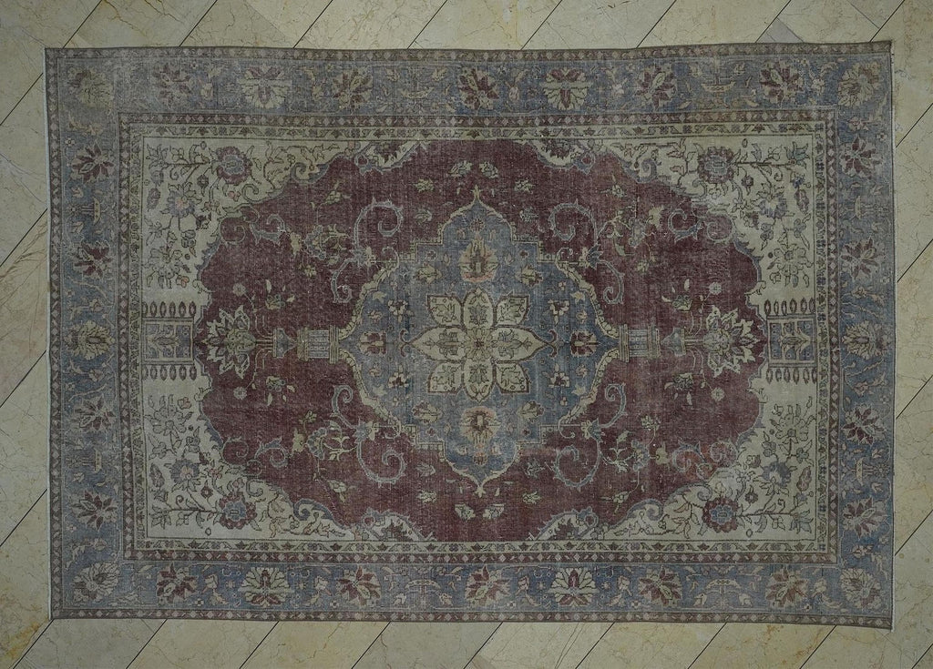 Vintage Oushak Rug: 6.7x9.9 ft, Red & Gray Turkish Wool Carpet