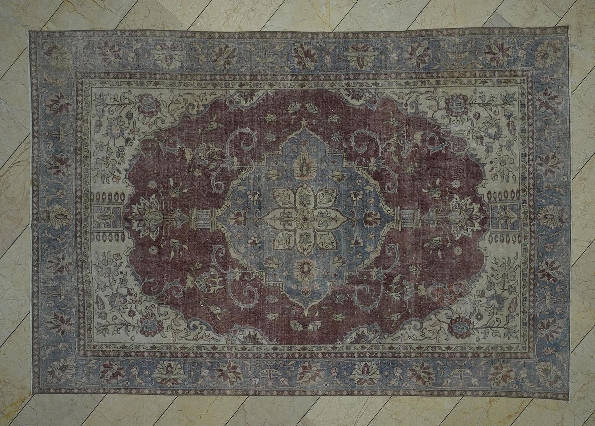 Vintage Oushak Rug: 6.7x9.9 ft, Red & Gray Turkish Wool Carpet