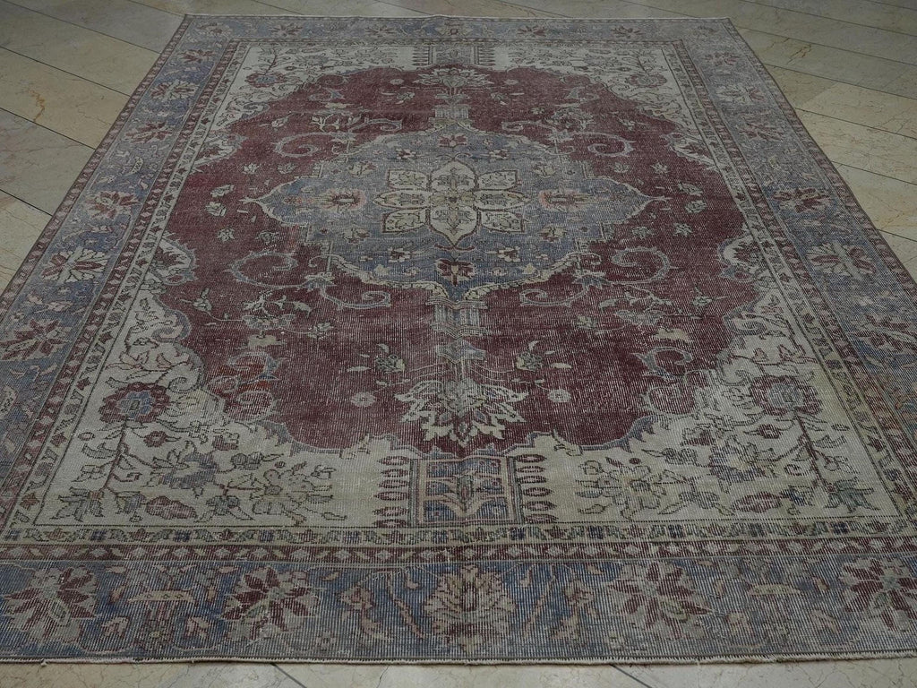 Vintage Oushak Rug: 6.7x9.9 ft, Red & Gray Turkish Wool Carpet