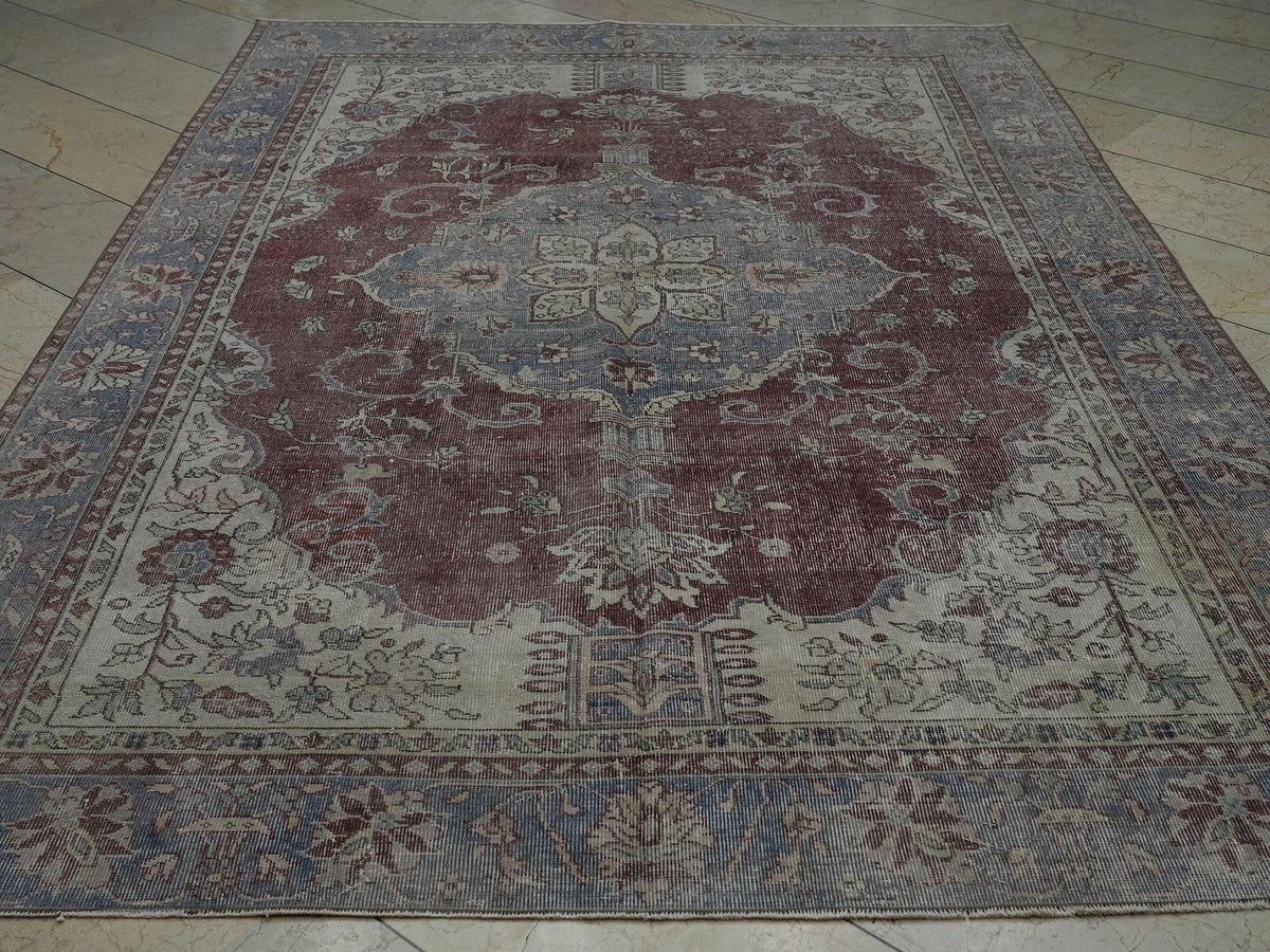 Vintage Oushak Rug: 6.7x9.9 ft, Red & Gray Turkish Wool Carpet