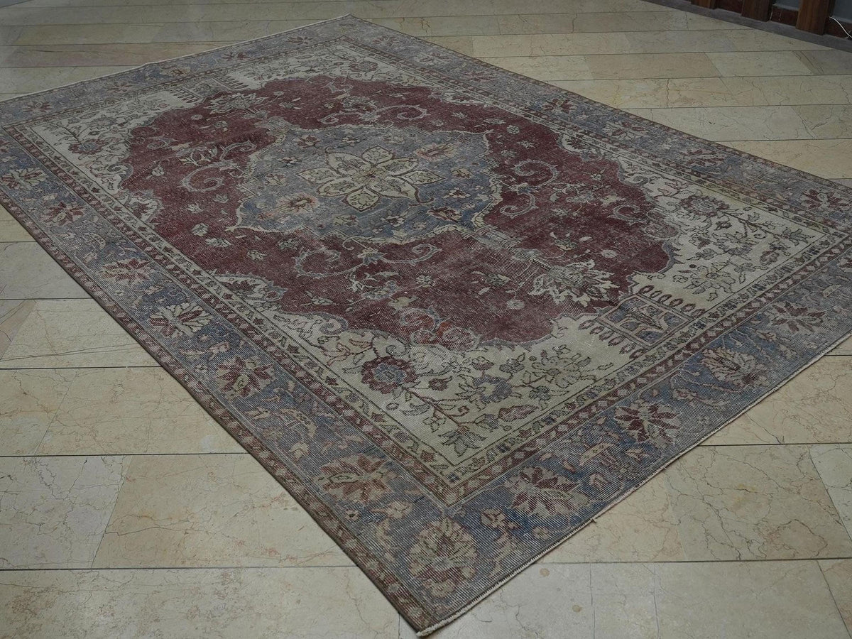 Vintage Oushak Rug: 6.7x9.9 ft, Red & Gray Turkish Wool Carpet