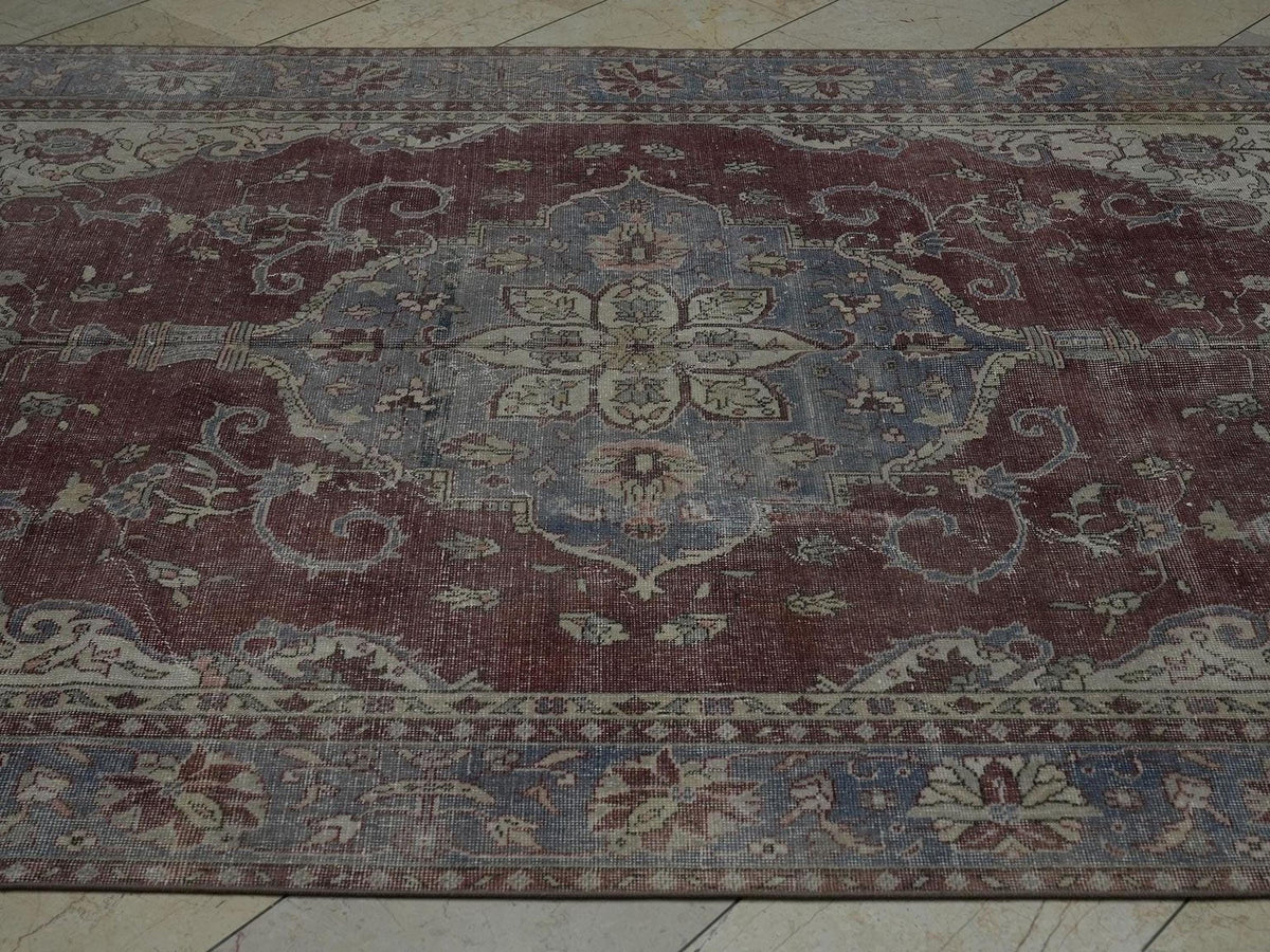 Vintage Oushak Rug: 6.7x9.9 ft, Red & Gray Turkish Wool Carpet