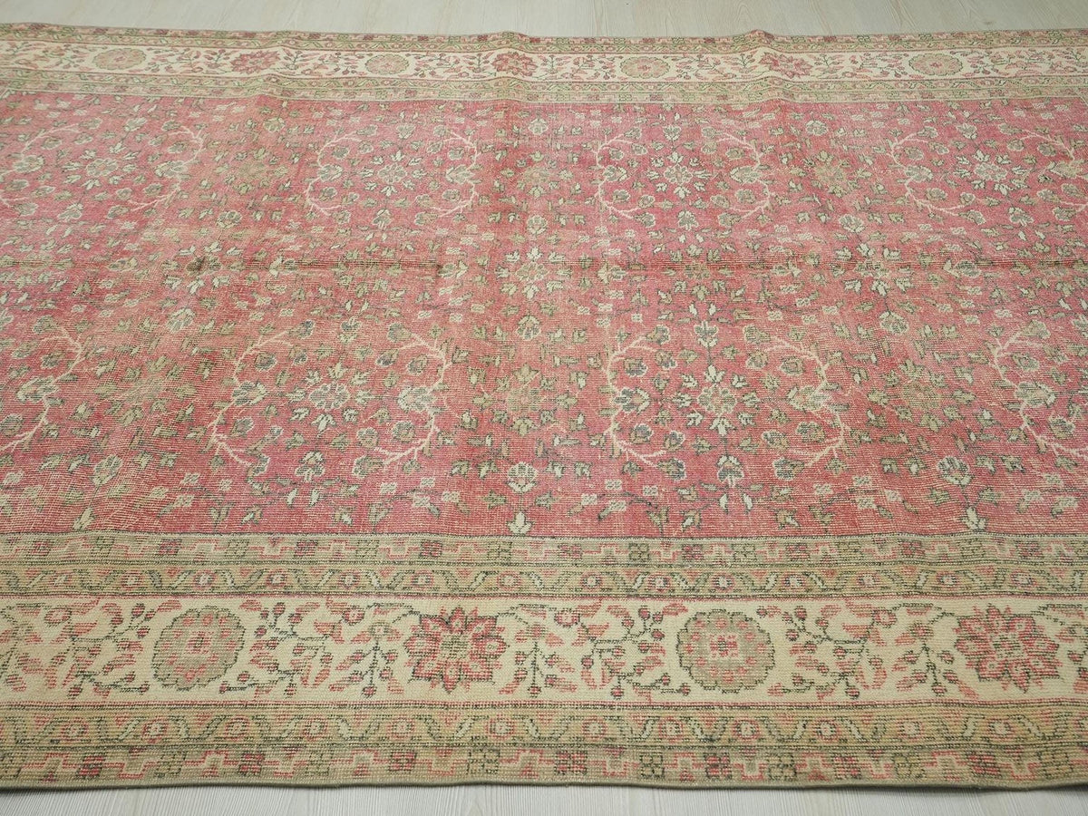 Large Vintage Oushak Rug: 6.6x10.2 ft, Red Beige Turkish Wool Carpet