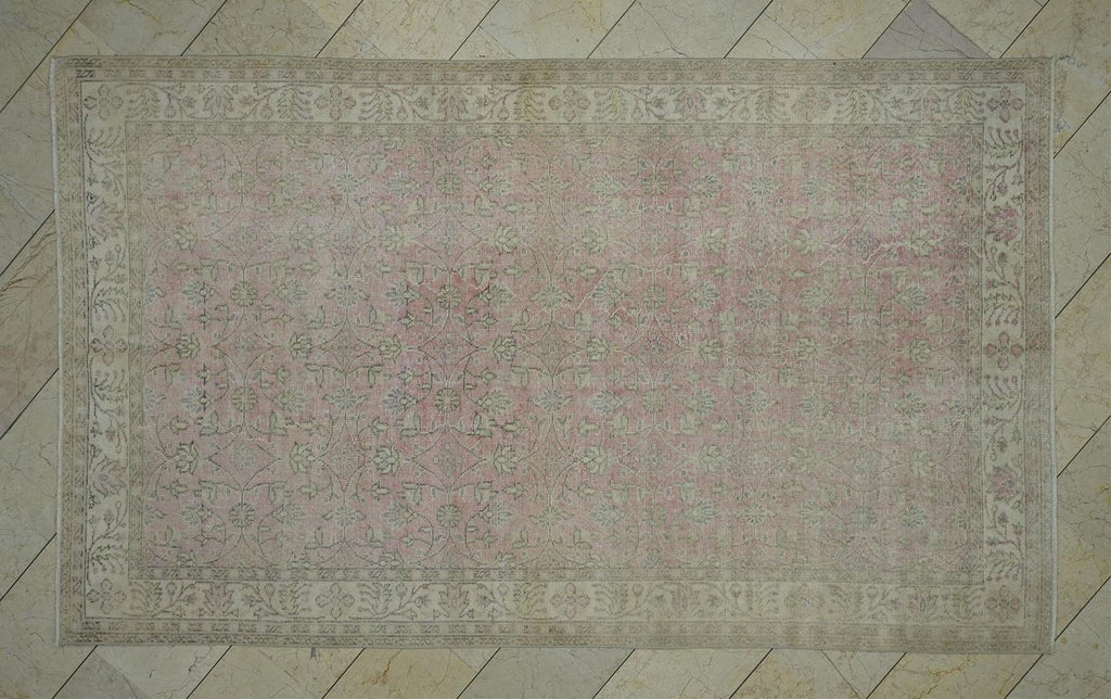 Vintage Oushak Turkish Rug: 5.6x9.5 ft, Salmon Pink Wool Carpet