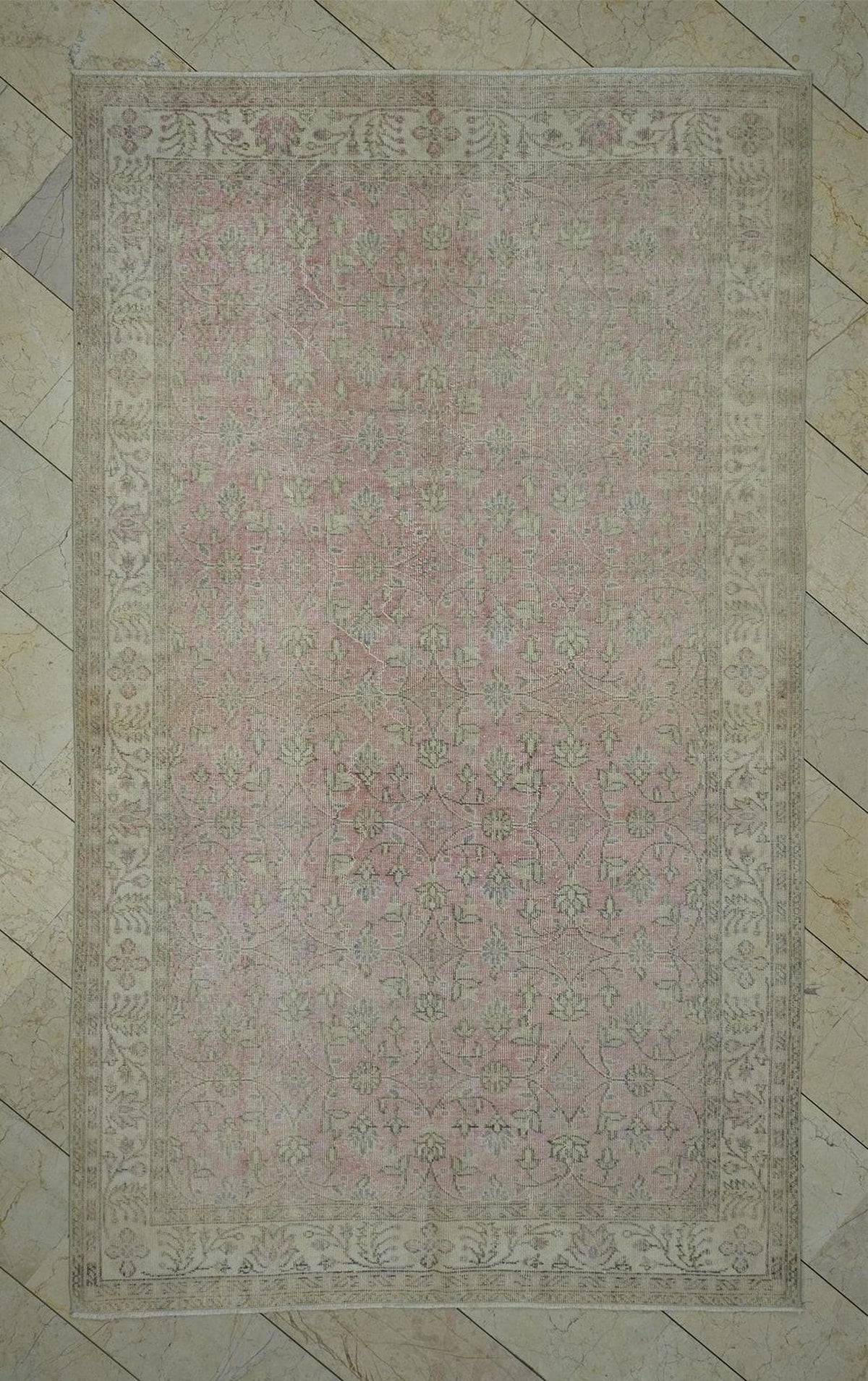 Vintage Oushak Turkish Rug: 5.6x9.5 ft, Salmon Pink Wool Carpet