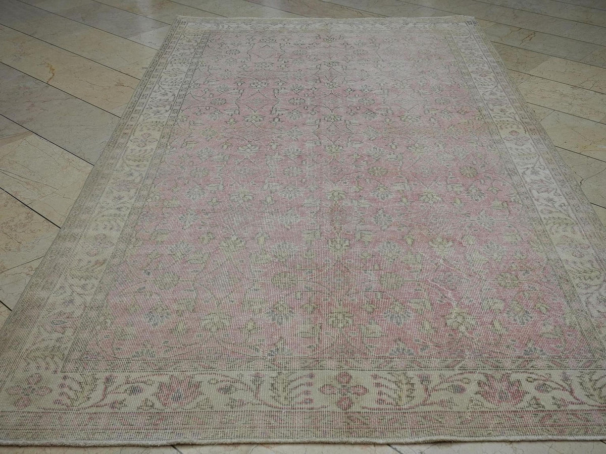 Vintage Oushak Turkish Rug: 5.6x9.5 ft, Salmon Pink Wool Carpet