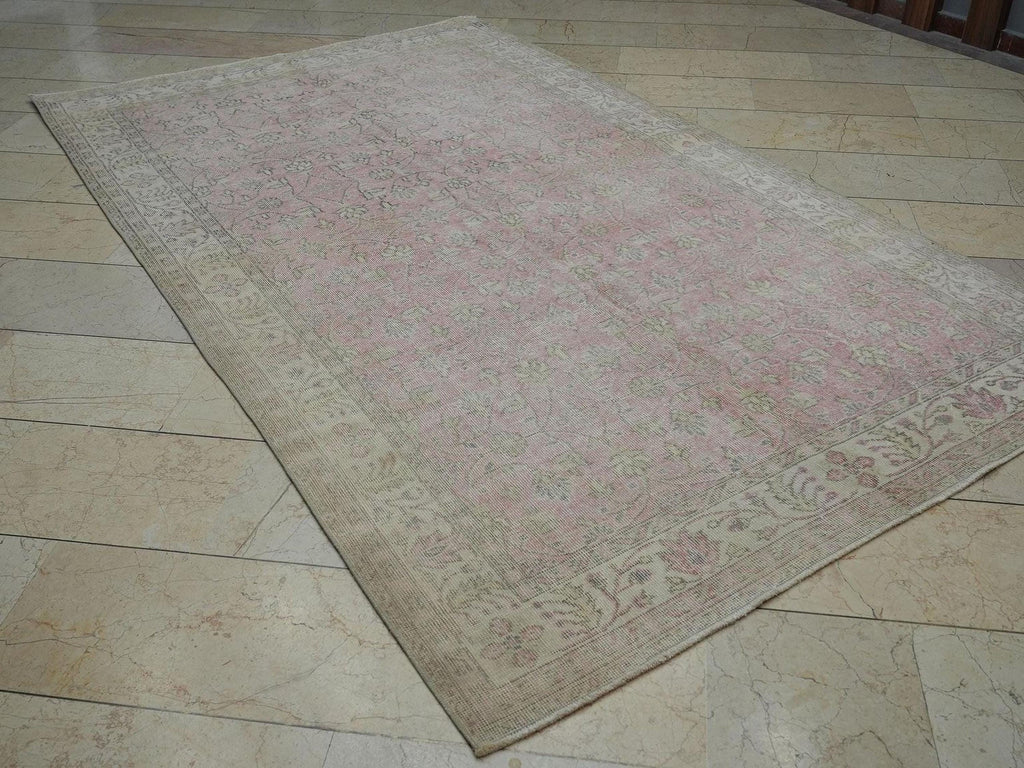 Vintage Oushak Turkish Rug: 5.6x9.5 ft, Salmon Pink Wool Carpet