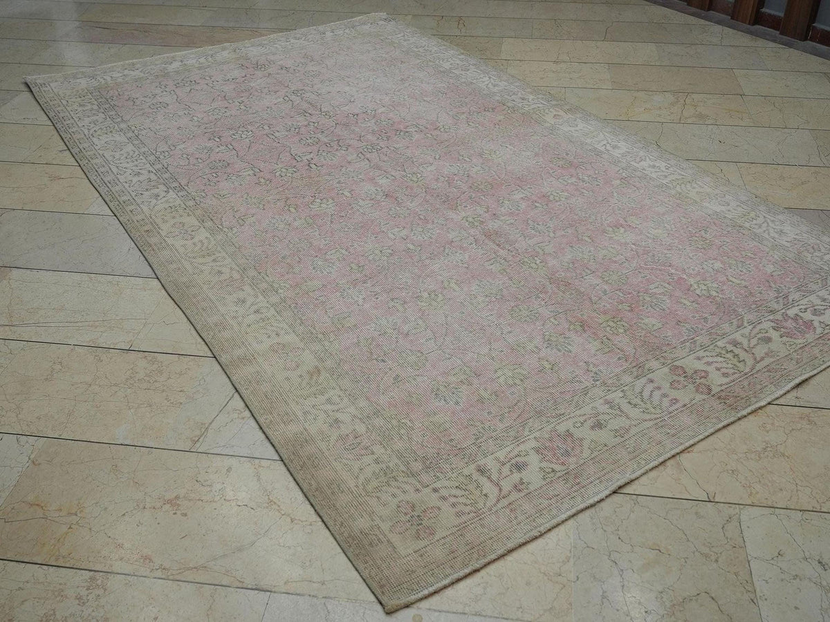 Vintage Oushak Turkish Rug: 5.6x9.5 ft, Salmon Pink Wool Carpet