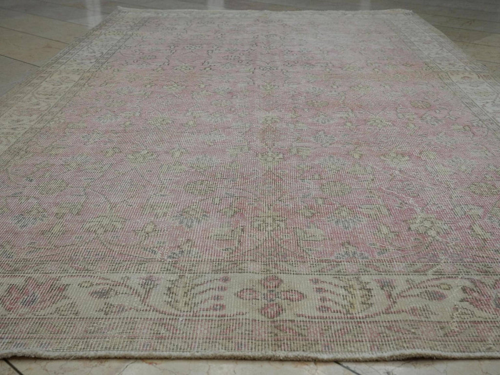 Vintage Oushak Turkish Rug: 5.6x9.5 ft, Salmon Pink Wool Carpet