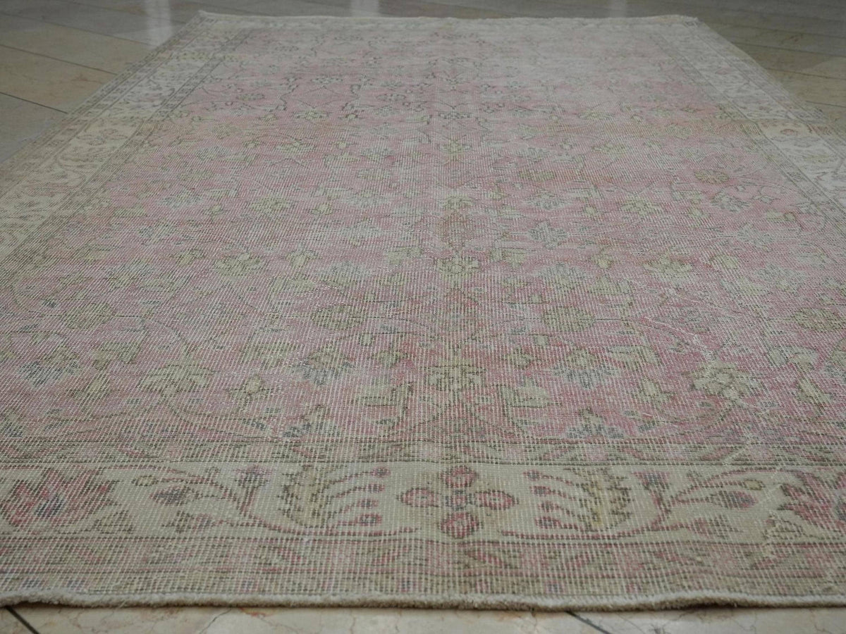 Vintage Oushak Turkish Rug: 5.6x9.5 ft, Salmon Pink Wool Carpet