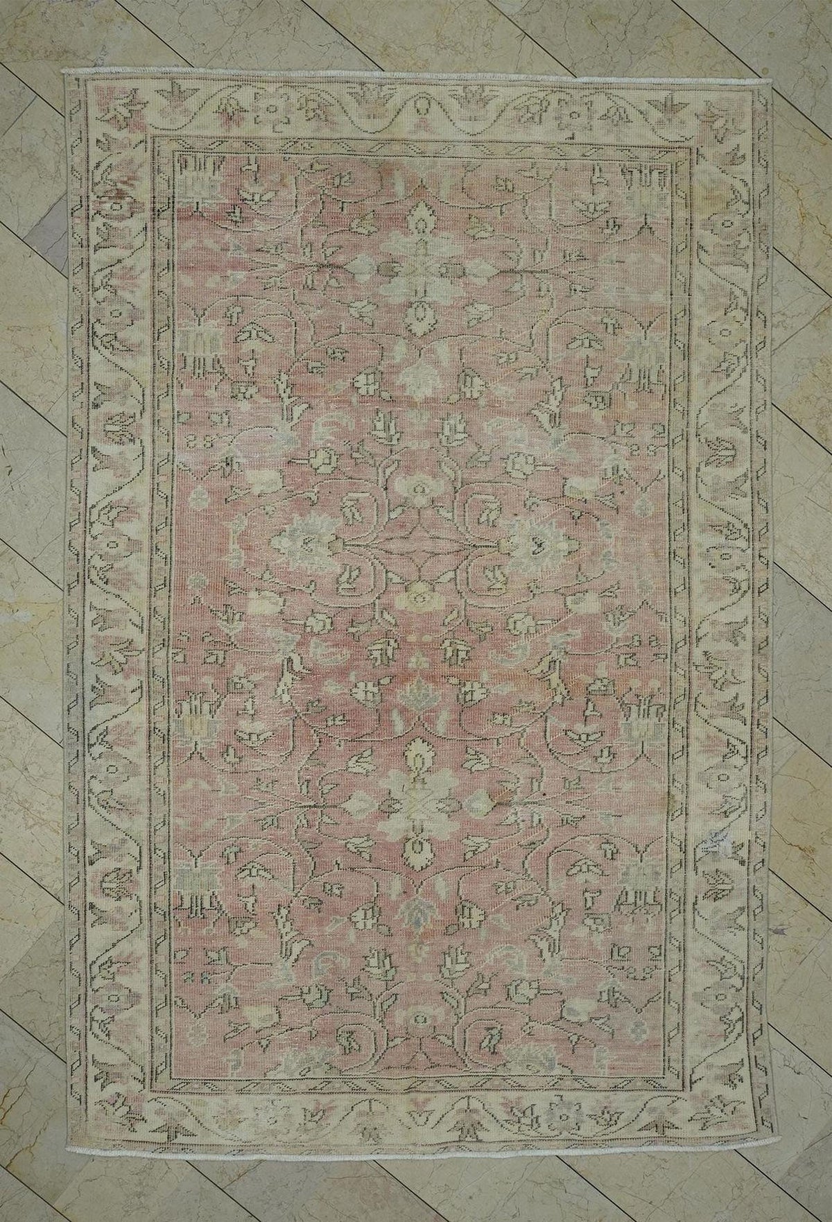 Handmade Oushak Turkish Rug: 6x9 Pastel Geometric Wool Carpet