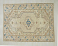 Vintage Oushak Wool Rug: Blue Beige Turkish Carpet (6"x7,7" Feet)