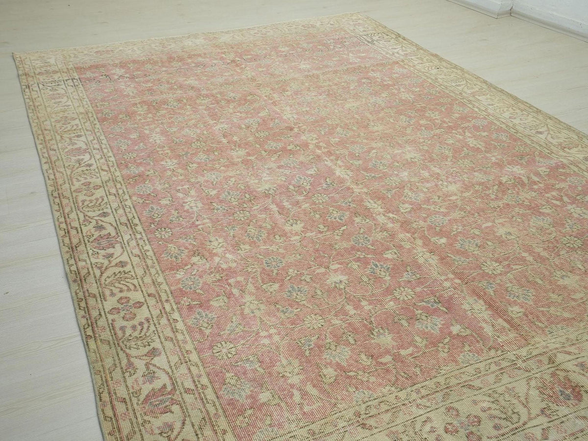 Faded Red Oushak Rug: 7x10.2 ft, Turkish Wool Farmhouse Rugs
