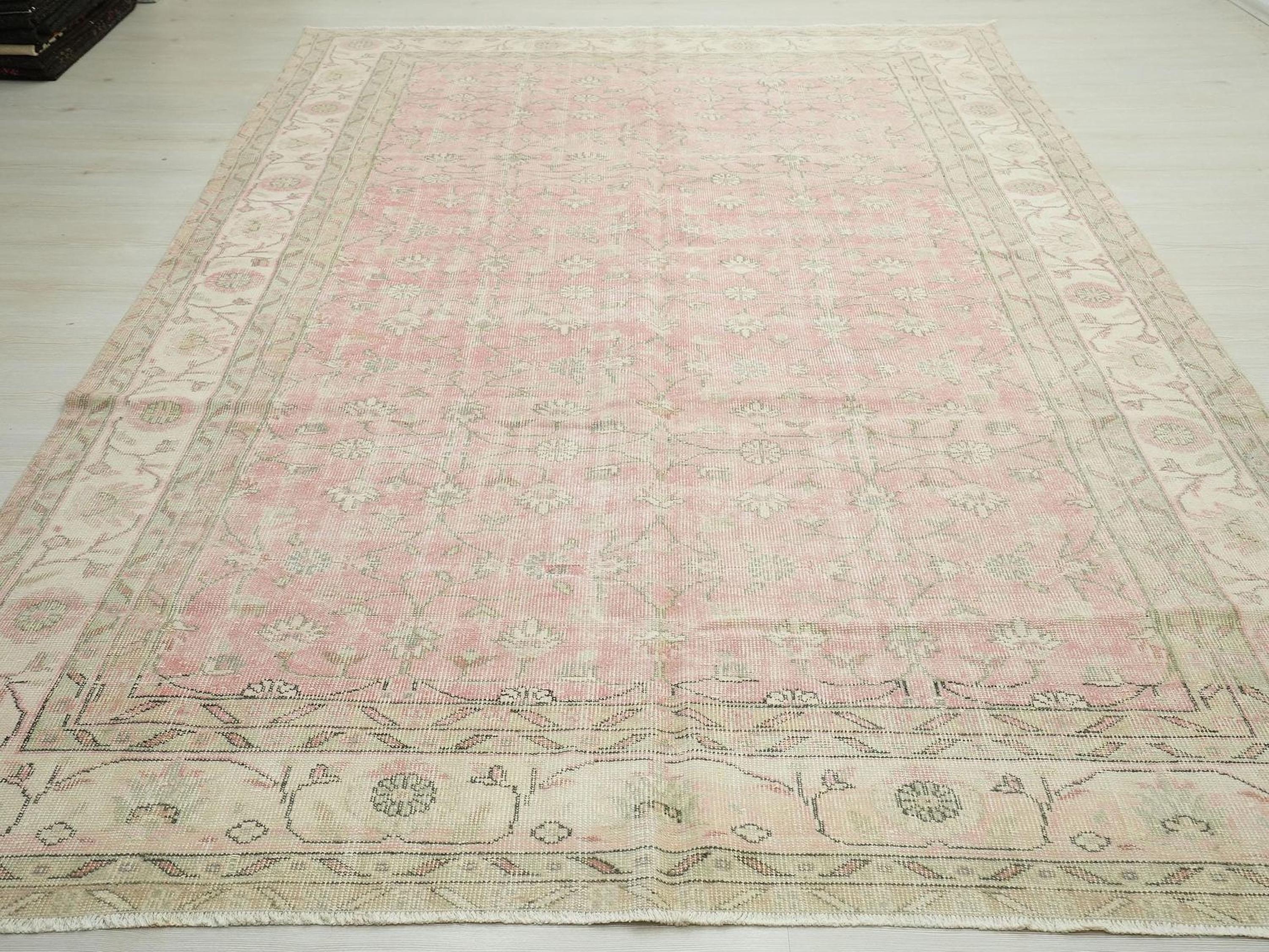 Handmade Vintage Wool Oushak Rug: Turkish Farmhouse Carpet 6,11x10,2 Ft