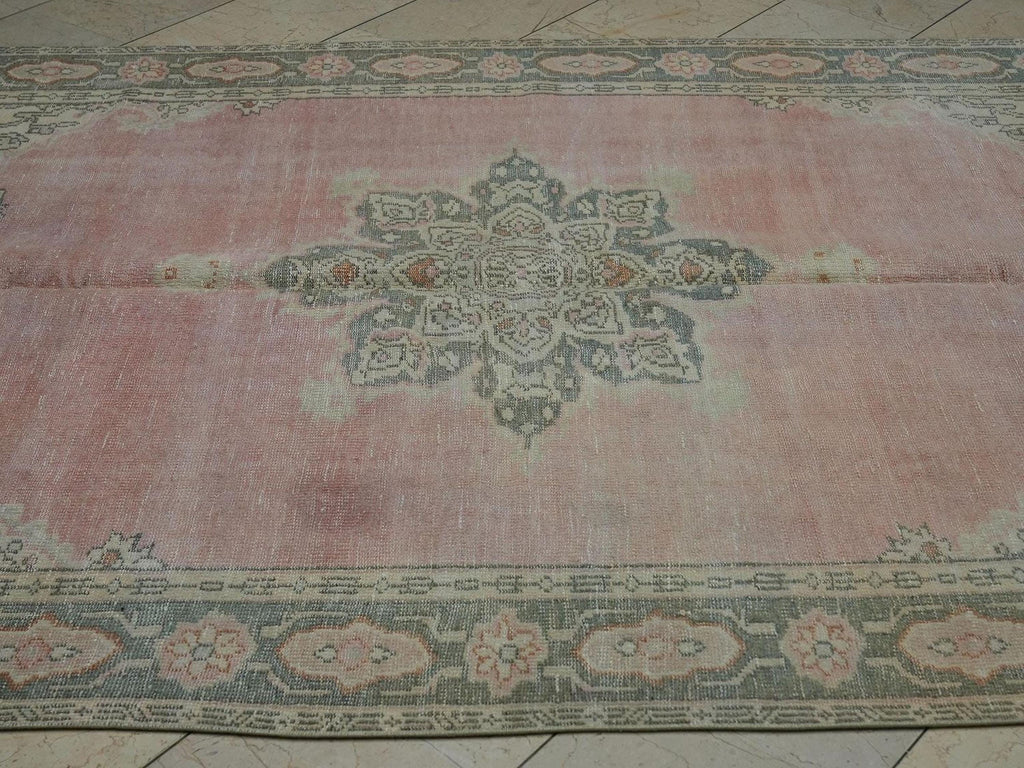 Vintage Oushak Rug: 6.3x9.6 ft Salmon Pink Medallion Turkish Carpet