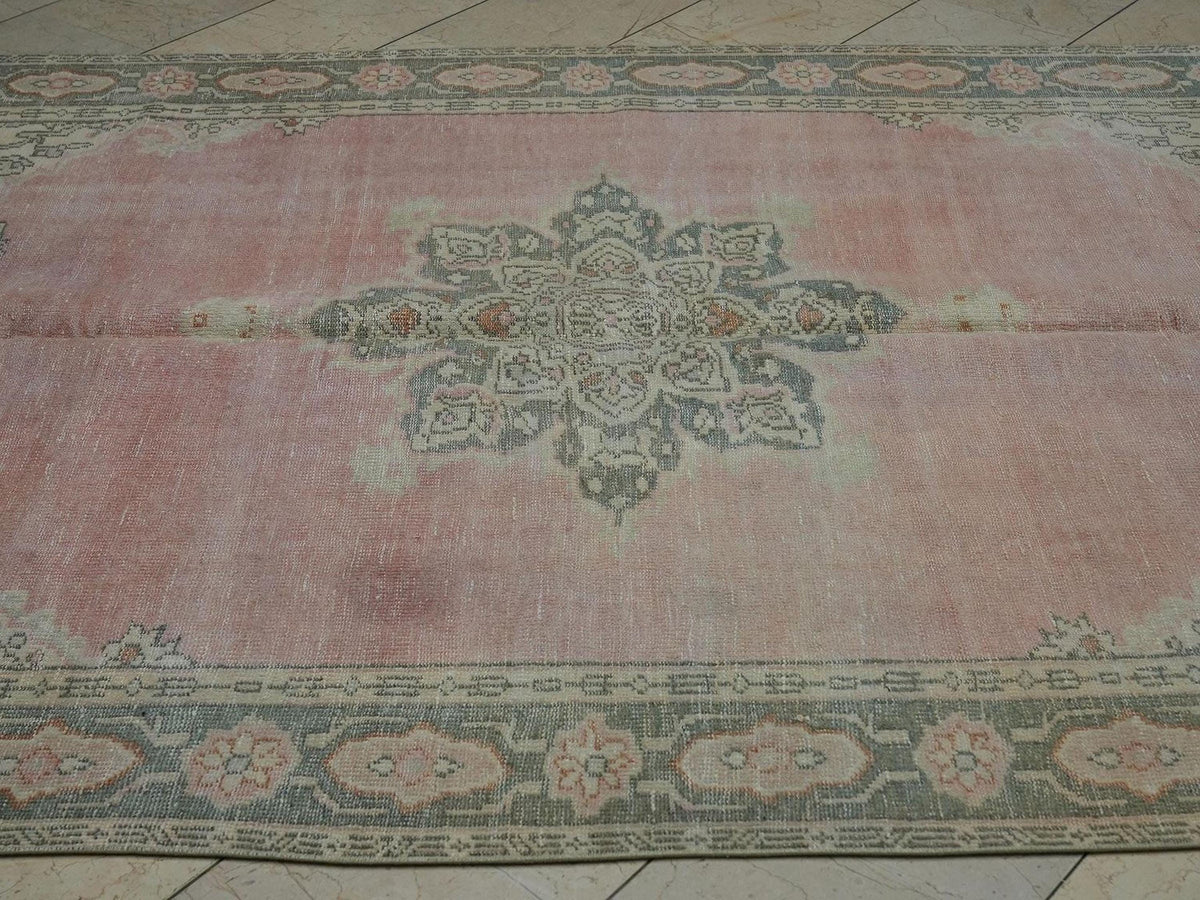 Vintage Oushak Rug: 6.3x9.6 ft Salmon Pink Medallion Turkish Carpet