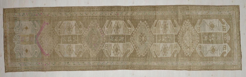 Vintage Kars Rug Runner: Long Brown Wool Hallway Rugs 4x14 ft.