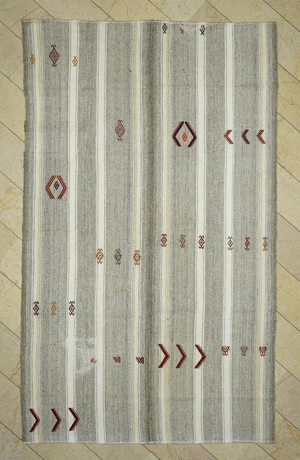 Summer Outdoor Decor: Natural White & Gray Stripe Kilim Rug 6,8x11,4 Turkish Farmhouse Rugs