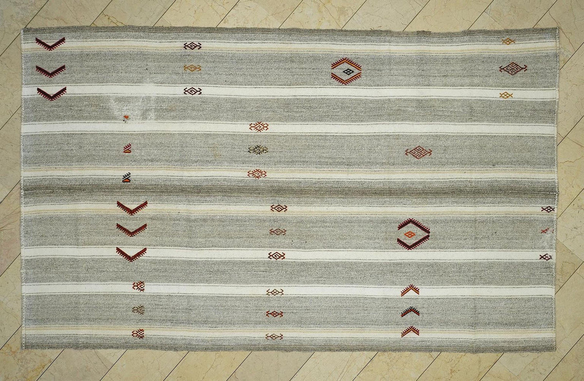 Summer Outdoor Decor: Natural White & Gray Stripe Kilim Rug 6,8x11,4 Turkish Farmhouse Rugs