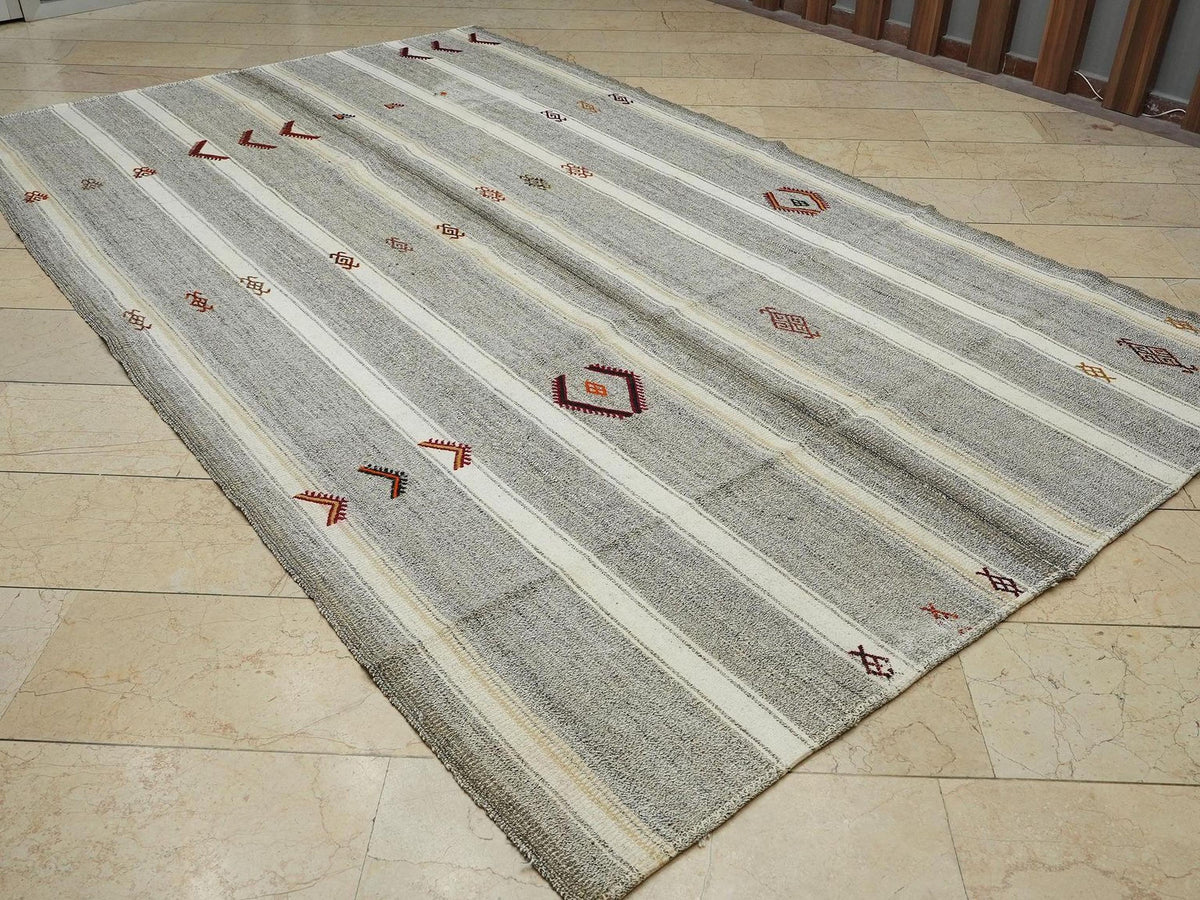 Summer Outdoor Decor: Natural White & Gray Stripe Kilim Rug 6,8x11,4 Turkish Farmhouse Rugs
