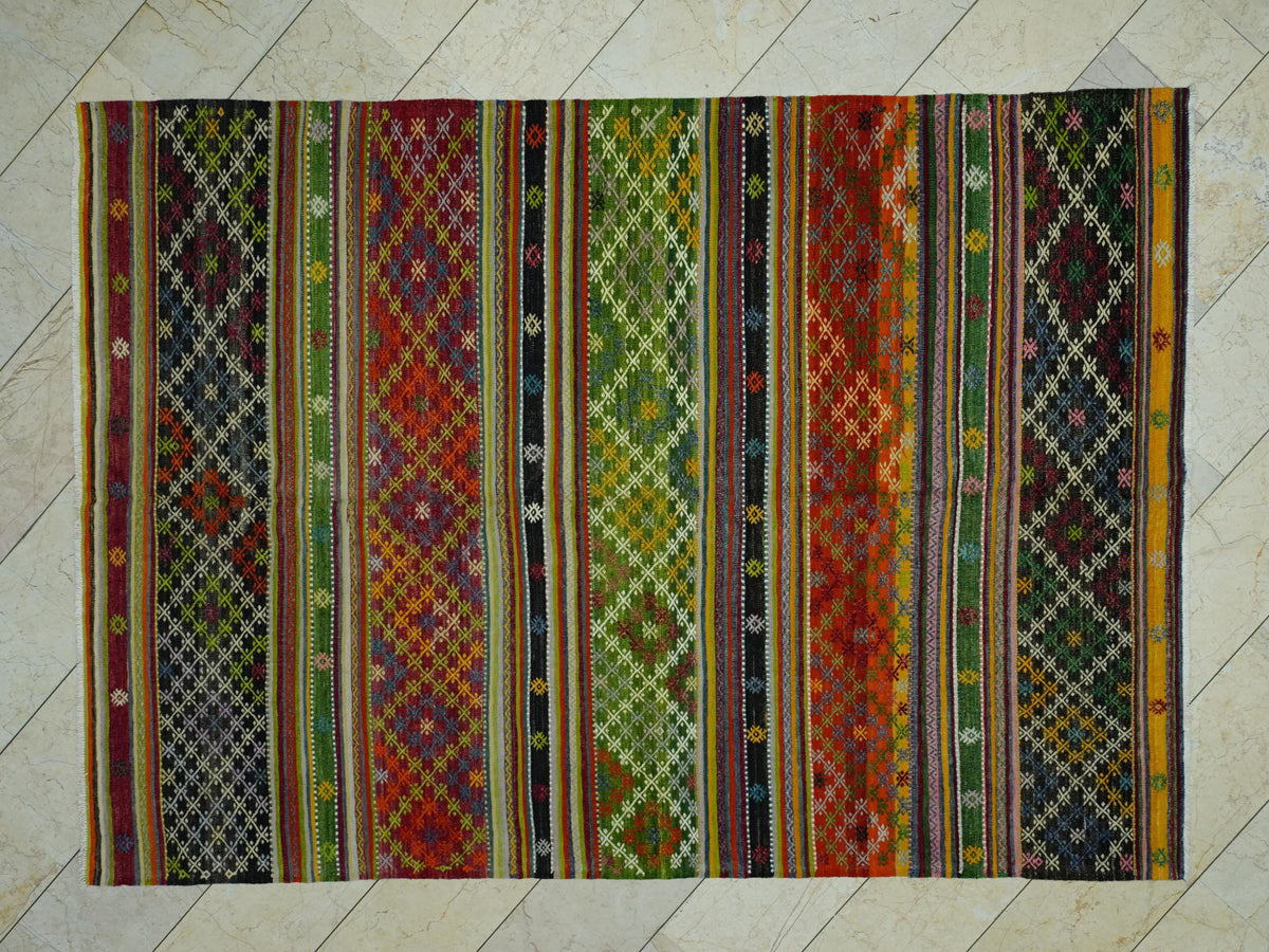 Handmade Embroidered Stripe Turkish Kilim Rug: Colorful Flat Woven Wool Rugs 6,4"x8,11" Ft.
