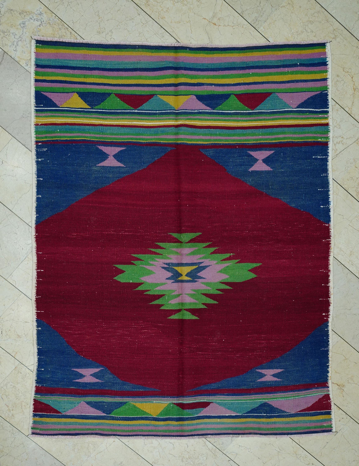Christmas Gift Vintage Turkish Kilim Rug: Red & Blue Wool, Small Area Rugs 5,2x7 Ft.