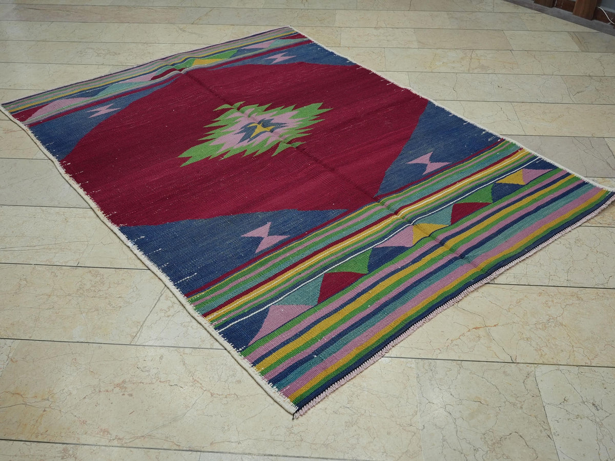 Christmas Gift Vintage Turkish Kilim Rug: Red & Blue Wool, Small Area Rugs 5,2x7 Ft.
