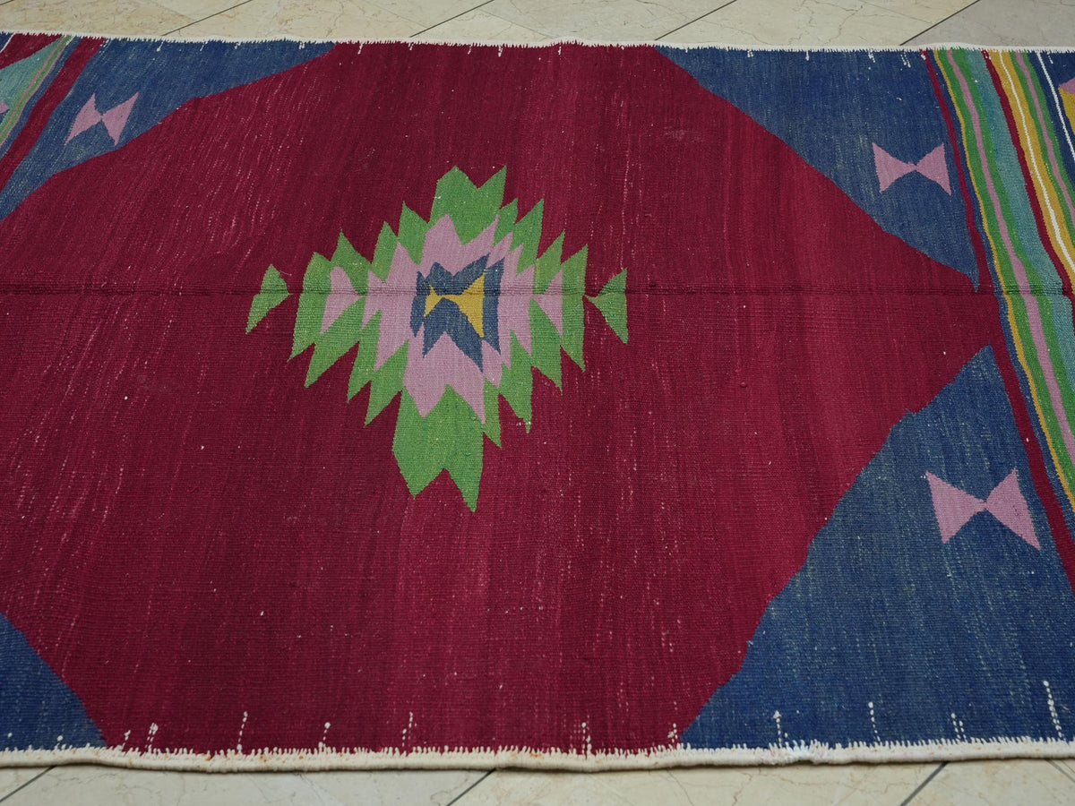 Christmas Gift Vintage Turkish Kilim Rug: Red & Blue Wool, Small Area Rugs 5,2x7 Ft.