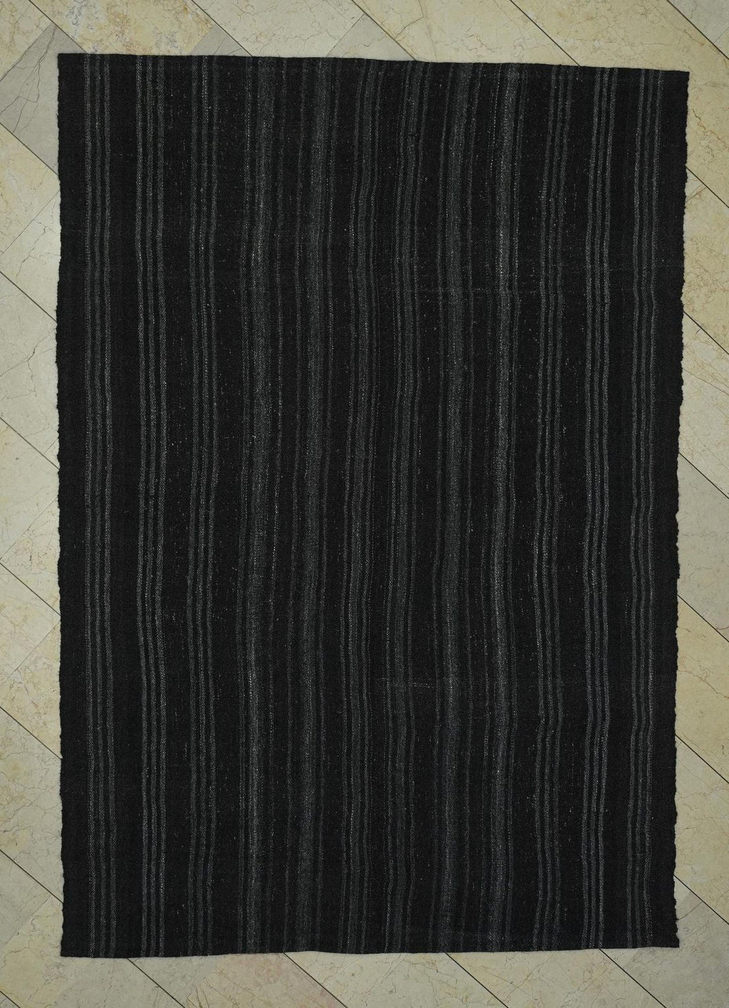 Mid-Century Modern Goat Hair Kilim Rug: 5.8x8.3 ft, Natural Color Stripe Rugs